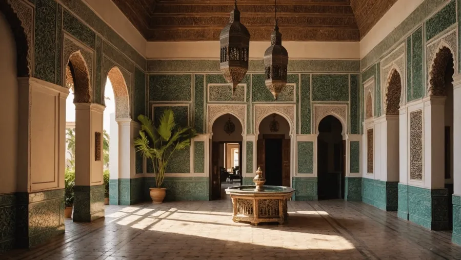 1. A lavish Moroccan palace interior featuring intricate tile work, ornate arches, and vibrant textiles, showcasing rich cultural heritage in Royal Bahia Palace 