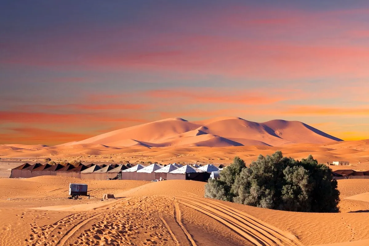 A serene desert landscape featuring several tents and sparse trees under a clear blue sky.